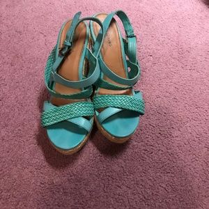 Turquoise Rope Trimmed High Wedge Sandals